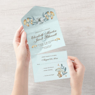 Herbstblaue Kürbis- und Ginkgo-Hochzeit All In One Einladung