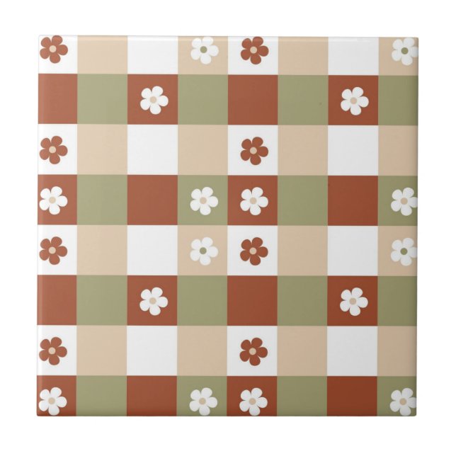 Herbstblumen-Gingham-Karomuster Fliese (Vorderseite)