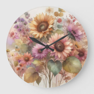 Herbstblumen und Sonnenblumen Wasserfarbe Pastell Große Wanduhr