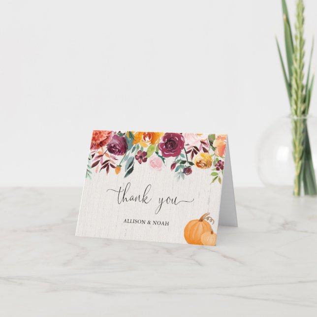 Herbstblumenbäume und Kürbisse, Aquarellbordeur Dankeskarte (Vorderseite)