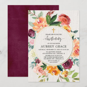 Herbstblumenburgund rustikale Aquarelltaufe Einladung