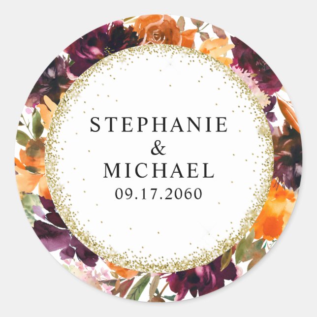 Herbstblumengoldene Glitzer Hochzeit Runder Aufkleber (Vorderseite)