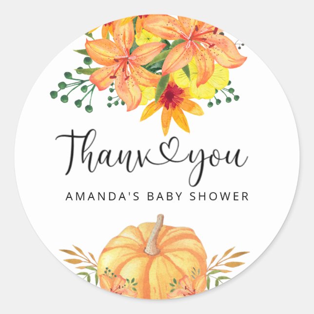 Herbstblumenkürbis Babydusche Danke Runder Aufkleber (Vorderseite)
