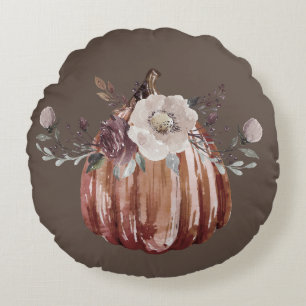 Herbstblumenkürbis braun, Terrakotta, abstumpf Rundes Kissen