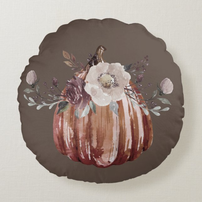 Herbstblumenkürbis braun, Terrakotta, abstumpf Rundes Kissen (Vorderseite)