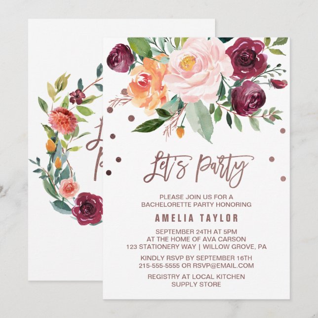 Herbstblütenblume Rose Gold Lichtbrand Party Einladung (Vorne/Hinten)