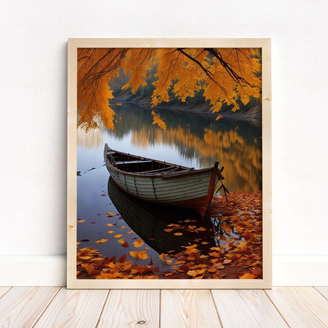 Herbstboot auf einem ruhigen Fluss Wall Art Poster (Autumn Boat on a Tranquil River Wall Art in a neutral wooden frame on the floor)