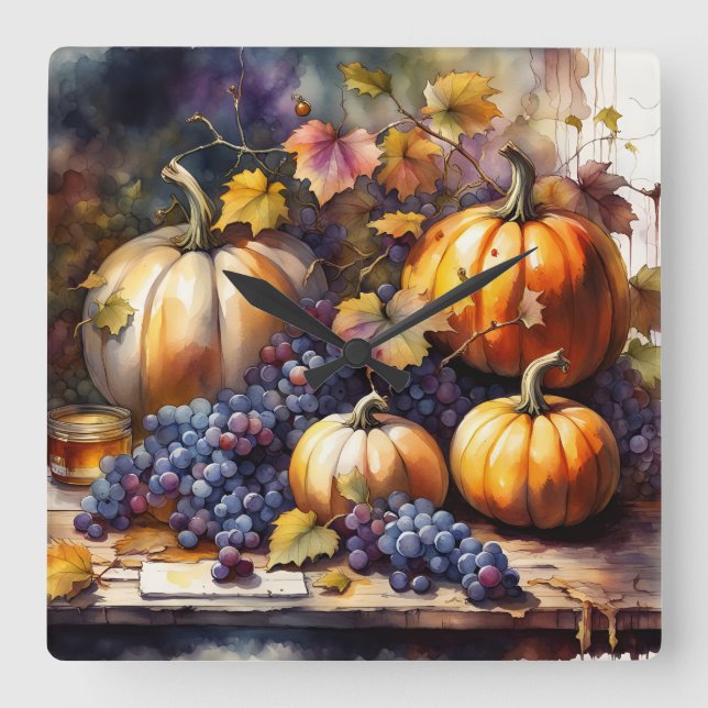 Herbstbounty, Kürbis, Traubenhonig Quadratische Wanduhr (Vorderseite)