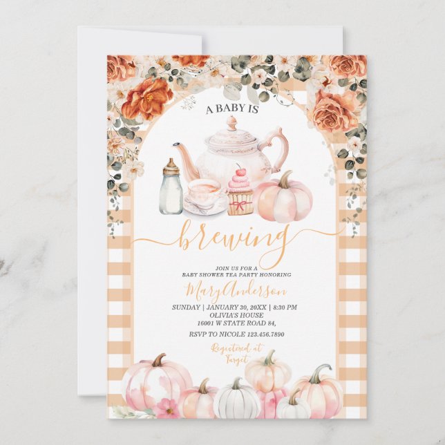 Herbstbrauen Rosa Blumentee Party Babydusche Einladung (Vorderseite)
