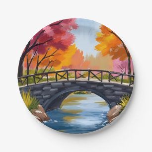 Herbstbrücke Herbstlaub Aquarell Natur Pappteller