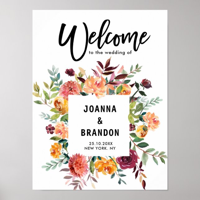 Herbstbrunnen Blush Bloral Hochzeit Willkommen Poster (Vorne)