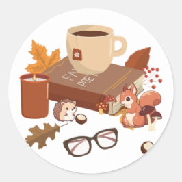 Herbstbuchszene mit niedlichen Kreaturen Runder Aufkleber