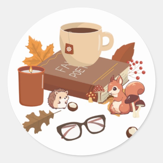 Herbstbuchszene mit niedlichen Kreaturen Runder Aufkleber (Vorderseite)