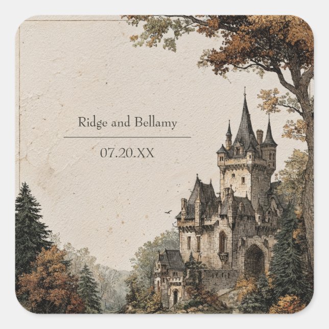 Herbstburg verzauberte Hochzeit Quadratischer Aufkleber (Vorderseite)
