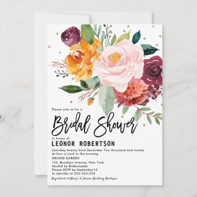 Herbstburgund Blush Bloral Blossom Brautparty Einladung (Vorderseite)