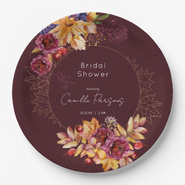 Herbstburgund Moody-Brautparty Pappteller (Vorderseite)