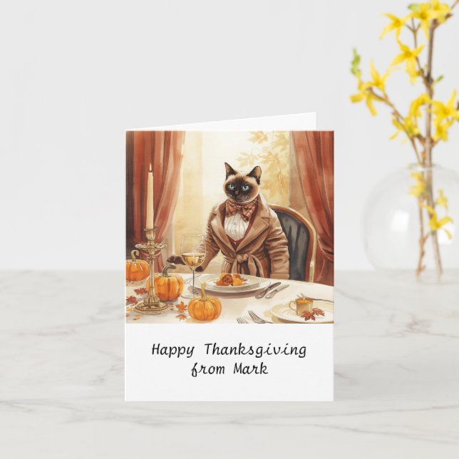 Herbstchic Siamese Cat hostess cat at dinner Karte (Gelbe Blume)