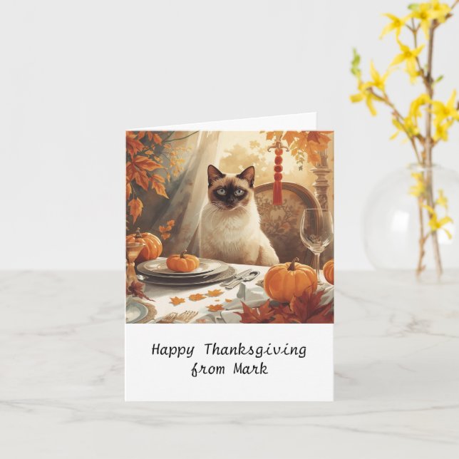 Herbstchic Siamese Cat hostess cat at dinner Karte (Gelbe Blume)