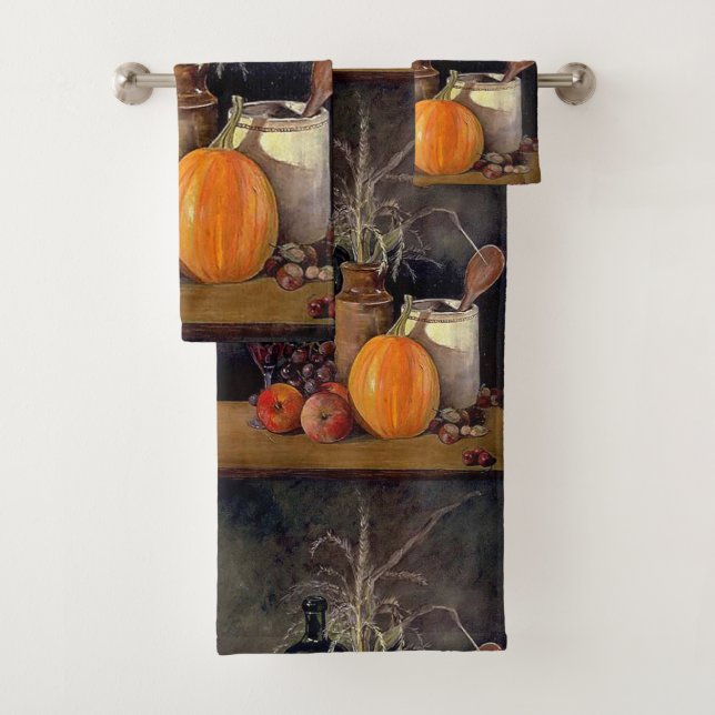 Herbstdekorationen am Tisch, Kürbis, Früchte, Getr Badhandtuch Set (Insitu)