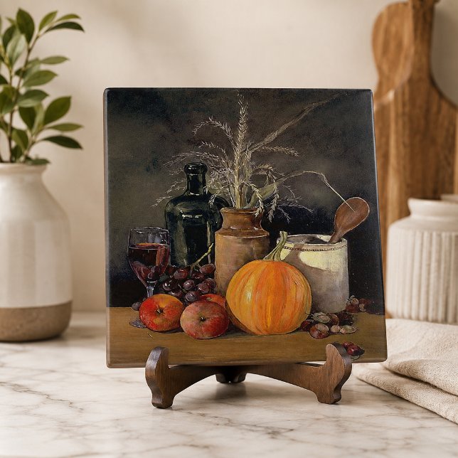 Herbstdekorationen am Tisch, Kürbis, Früchte, Getr Fliese (Autumn Decorations on Table, Pumpkin, Fruit, Drink Ceramic Tile)