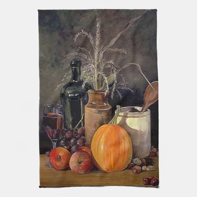 Herbstdekorationen am Tisch, Kürbis, Früchte, Getr Geschirrtuch (Vertikal)