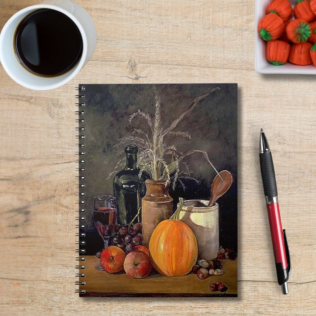 Herbstdekorationen am Tisch, Kürbis, Früchte, Getr Notizblock (Autumn Decorations on Table, Pumpkin, Fruit, Drink Notebook)