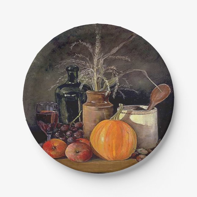 Herbstdekorationen am Tisch, Kürbis, Früchte, Getr Pappteller (Vorderseite)