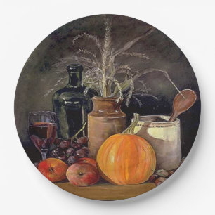 Herbstdekorationen am Tisch, Kürbis, Früchte, Getr Pappteller