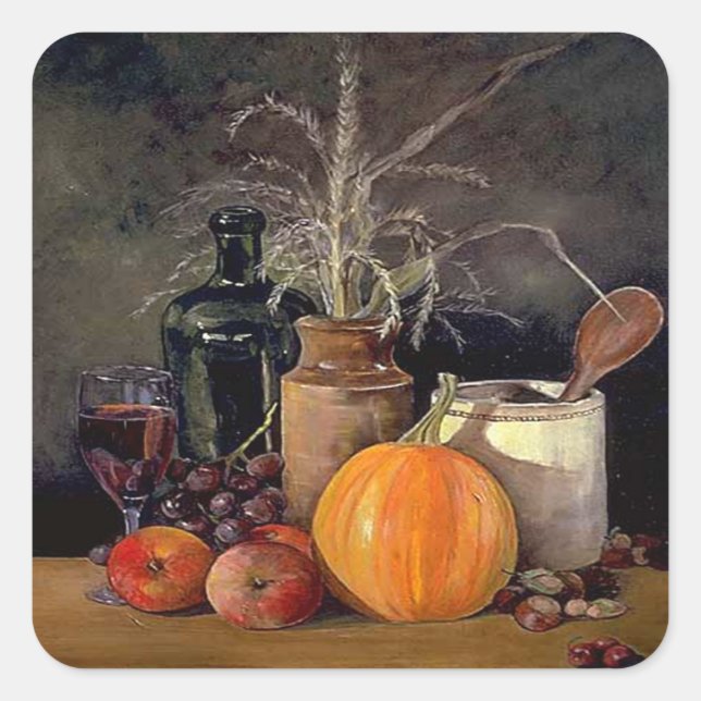 Herbstdekorationen am Tisch, Kürbis, Früchte, Getr Quadratischer Aufkleber (Vorderseite)