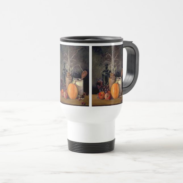 Herbstdekorationen am Tisch, Kürbis, Früchte, Getr Reisebecher (VorderseiteRechts)