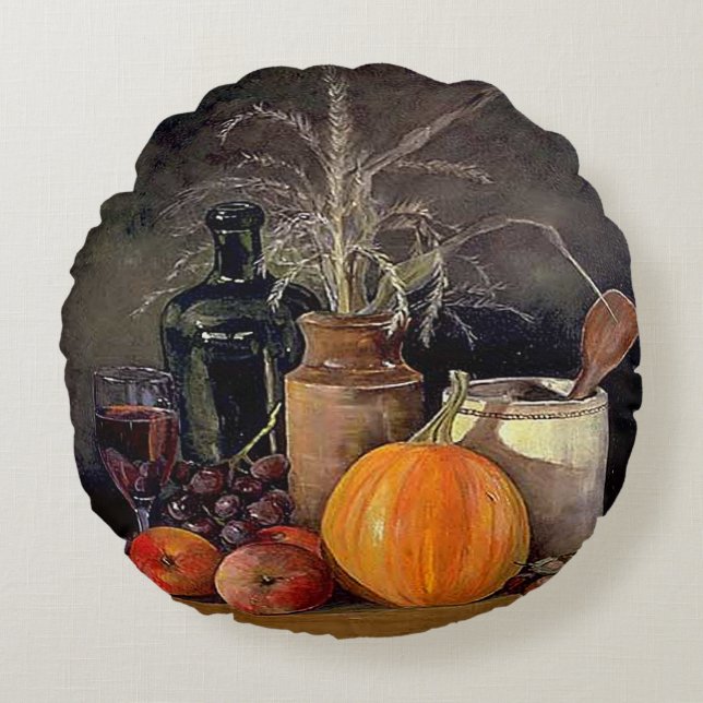 Herbstdekorationen am Tisch, Kürbis, Früchte, Getr Rundes Kissen (Vorderseite)