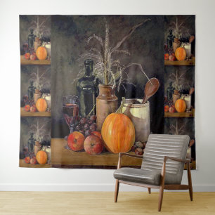 Herbstdekorationen am Tisch, Kürbis, Früchte, Getr Wandteppich