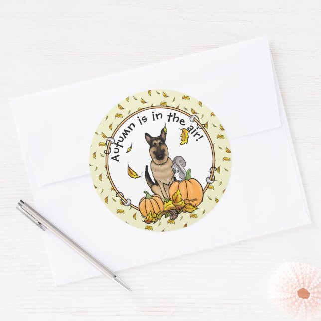 Herbstdeutscher Schäferhund (schwarz-braun) Pumpki Runder Aufkleber (Umschlag)