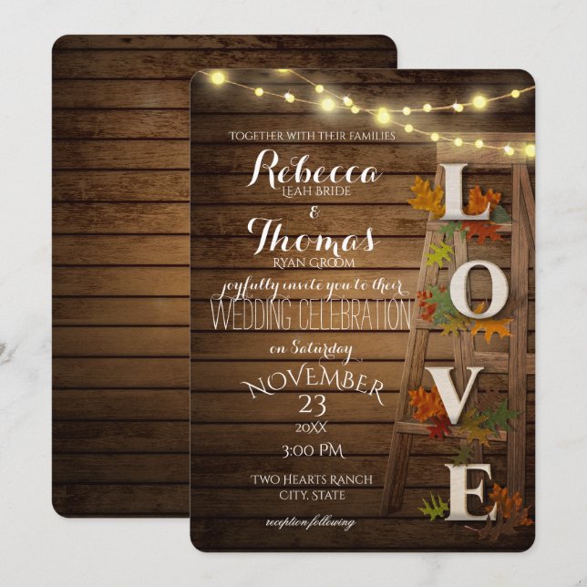 Herbstdichter und Blätter Liebe Hochzeit Einladung (Vorne/Hinten)