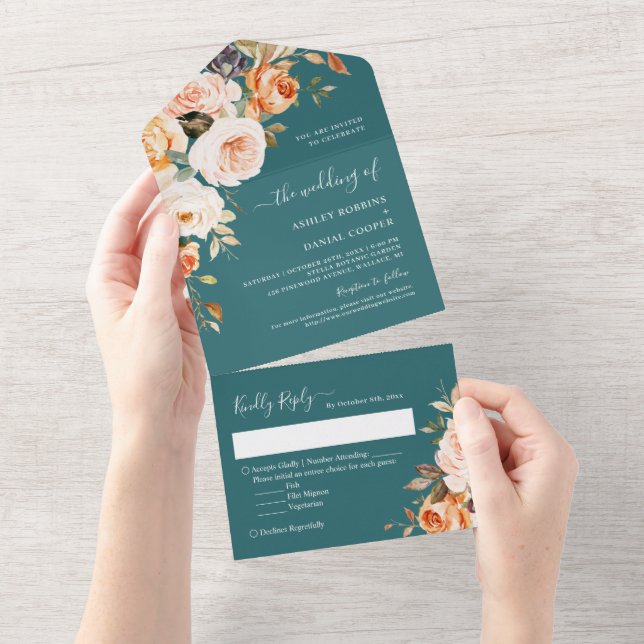 Herbstduftdüster, Aquamarine Gold-Blätter floral All In One Einladung (Abreißen)
