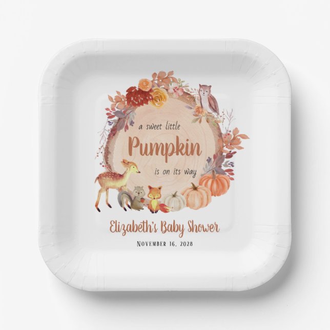 Herbstdusche von Woodland Animals Pumpkin Baby Pappteller (Vorderseite)