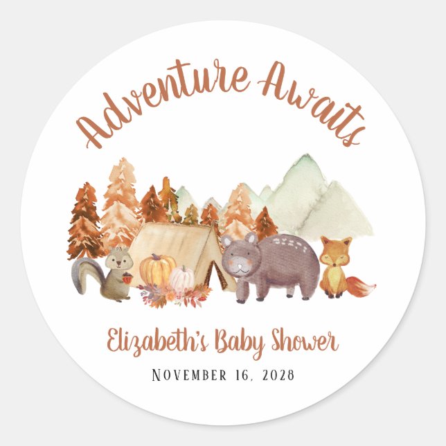 Herbstdusche Woodland Animals Adventure Baby Runder Aufkleber (Vorderseite)