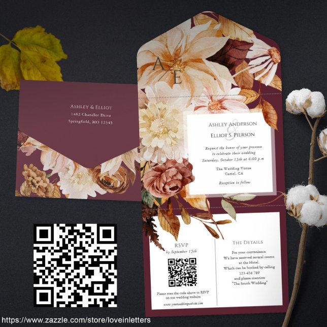 Herbsteleganz, Hochzeit im Herbst einladen mit QR- All In One Einladung (Maroon fall wedding invitation with QR code rsvp and details cards. Watercolor Floral autumn wedding)