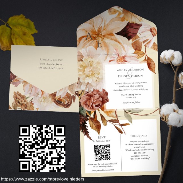 Herbsteleganz, Hochzeit im Herbst einladen mit QR- All In One Einladung (Fall wedding invites and QR code rsvp, details cards. Autumn themed wedding invitations. FLoral)