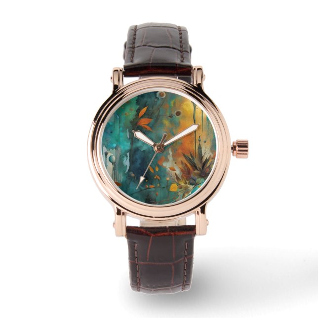 Herbsternte Aquamarine Rostgold Abstrakt Armbanduhr (Vorderseite)