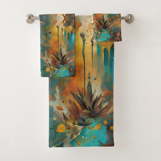 Herbsternte Aquamarine Rostgold Abstrakt Badhandtuch Set (Insitu)
