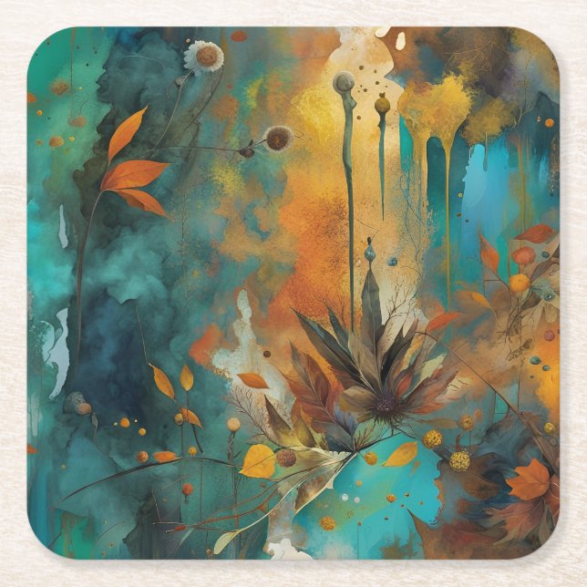 Herbsternte Aquamarine Rostgold Abstrakt Rechteckiger Pappuntersetzer (Vorderseite)