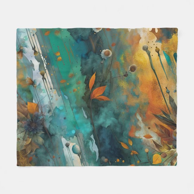 Herbsternte Farbe Aquamarin Rust Gold Abstrakt Fleecedecke (Vorderseite (Horizontal))