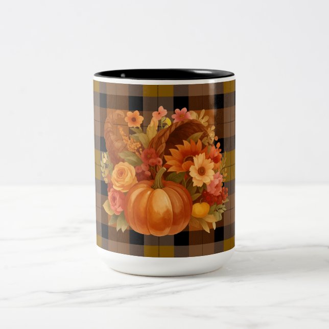 Herbsternte Kariert mit saisonaler Cornucopie Zweifarbige Tasse (Mittel)