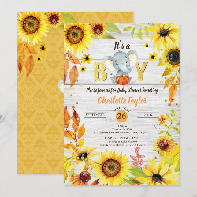 Herbstes Baby Dusche Einladung Sonnenblumenelefant (Vorne/Hinten)