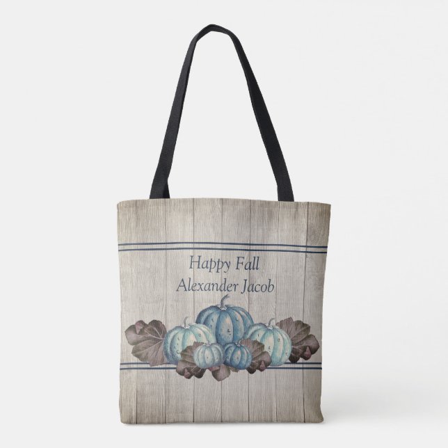 Herbstfall Blue Pumpkin Rustic Niedlich Gray Wood  Tasche (Rückseite)