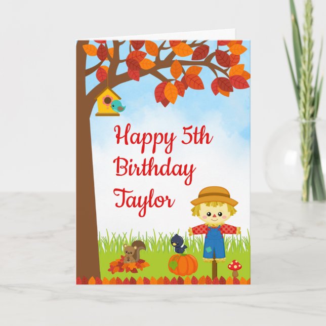 Herbstfall Boy Scarecrow Happy Birthday Karte (Vorderseite)