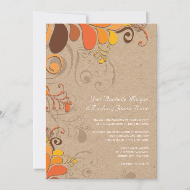 Herbstfall Deko florale Wirbel Kraft Papier Hochze Einladung (Vorderseite)