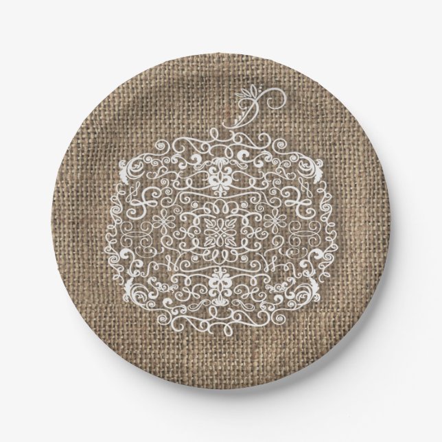 Herbstfall Filigree Pumpkin & Burlap Party Pappteller (Vorderseite)
