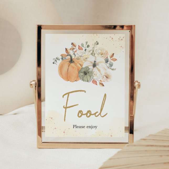 Herbstfall Floral Pumpkin Baby Dusche Nahrung Poster (A Little Pumpkin Baby Shower Food Sign)